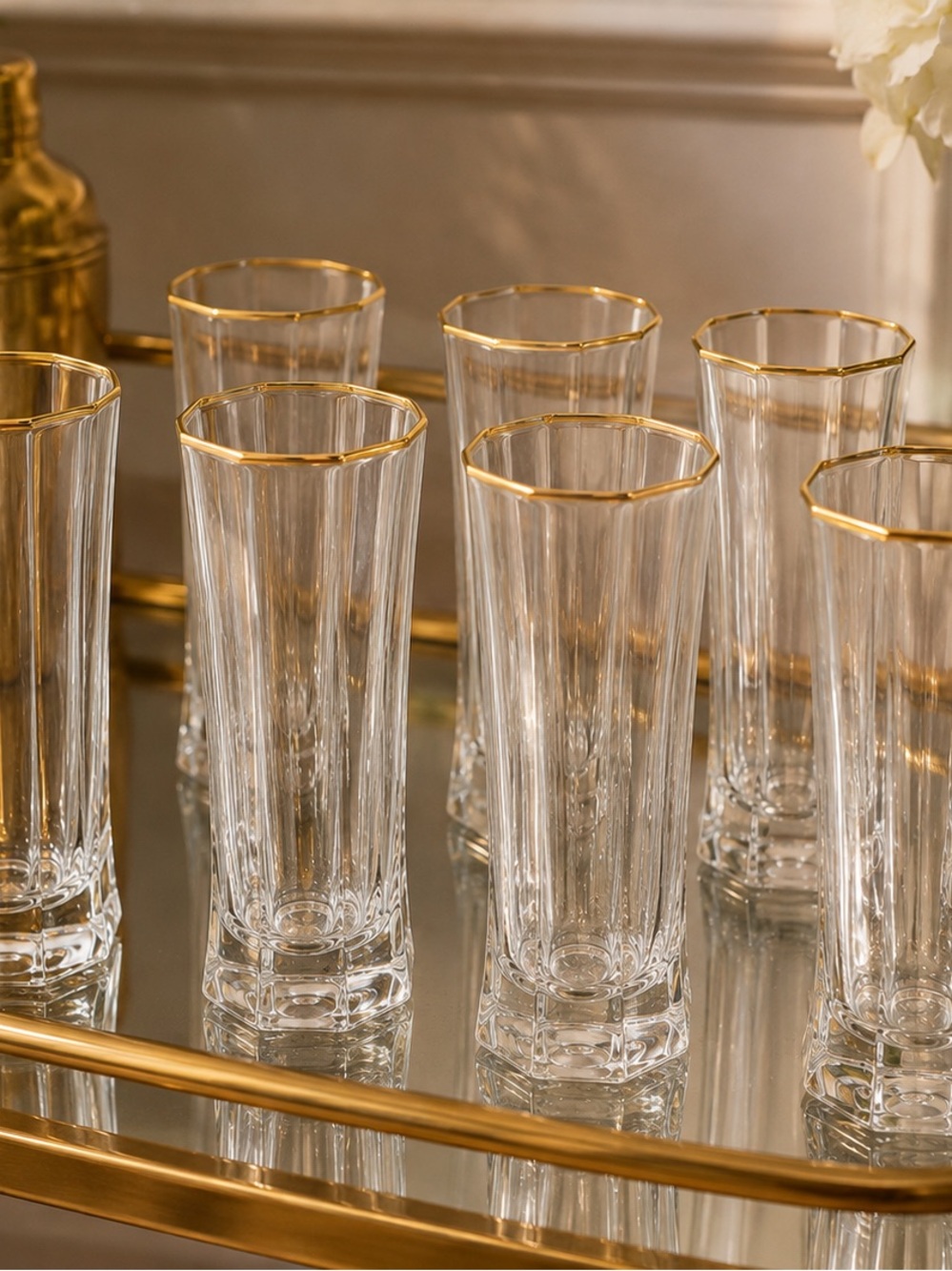 8 Luminarc France Octagon Highball Glasses Gold Rim Vintage Barware Set Clear
